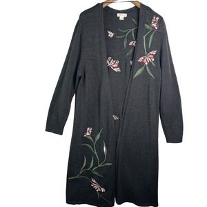 Grey Long Line Open Cardigan Duster Coat Sweater Red Embroidered Butterflies 1X